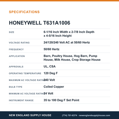 Honeywell Commercial T631A1006 Temperature Controller specifications — New England Supply House [NESH-SPECTABLE-V1]
