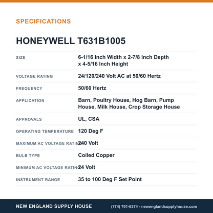 Honeywell Commercial T631B1005 Temperature Controller specifications — New England Supply House [NESH-SPECTABLE-V1]