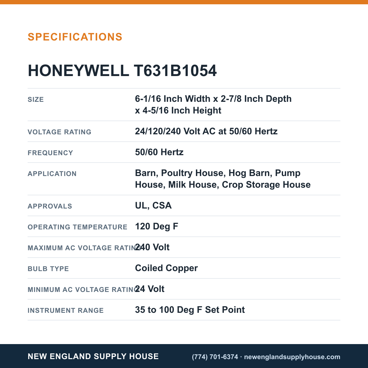 Honeywell Commercial T631B1054 Temperature Controller specifications — New England Supply House [NESH-SPECTABLE-V1]