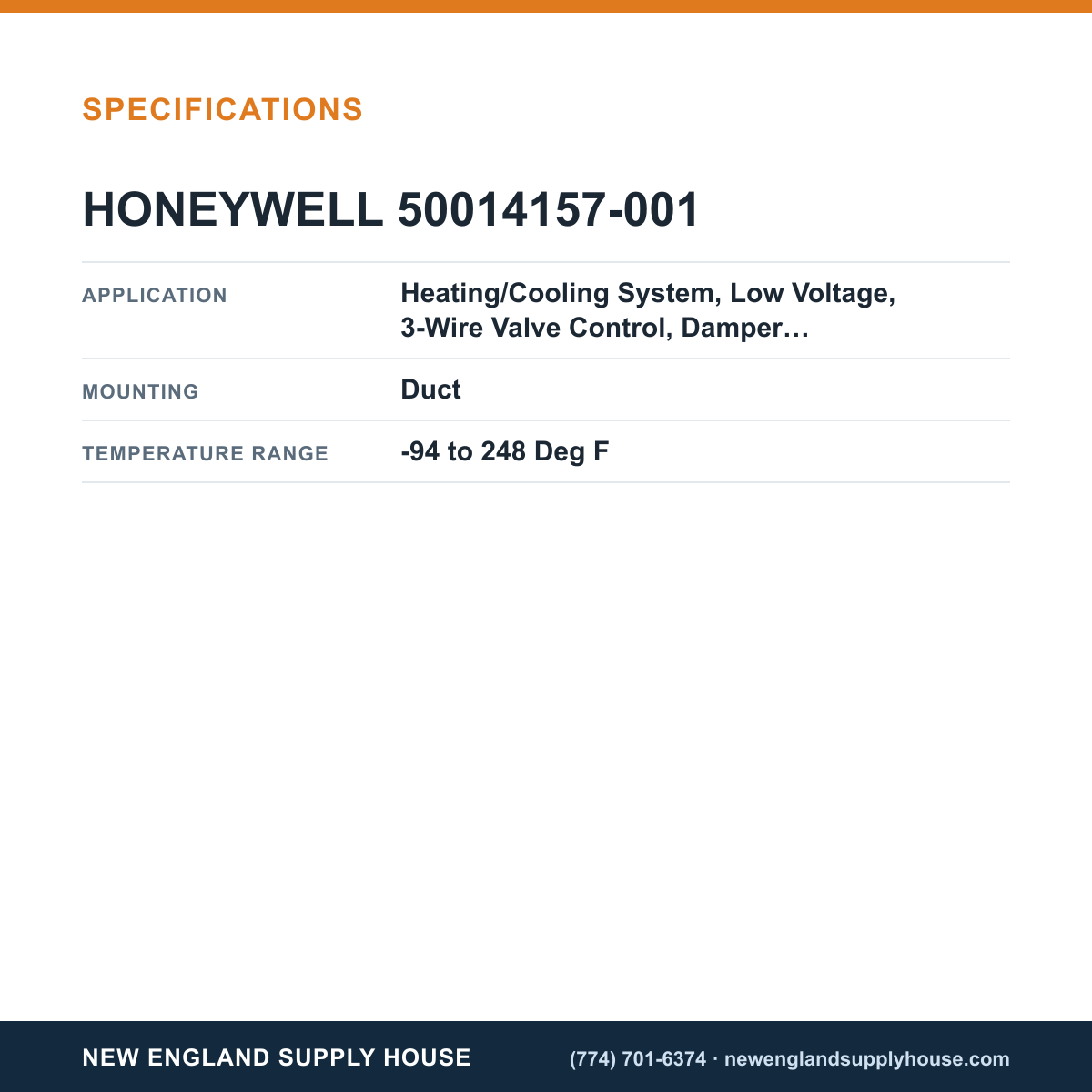 Honeywell Commercial 50014157-001 Temperature Sensor specifications — New England Supply House [NESH-SPECTABLE-V1]