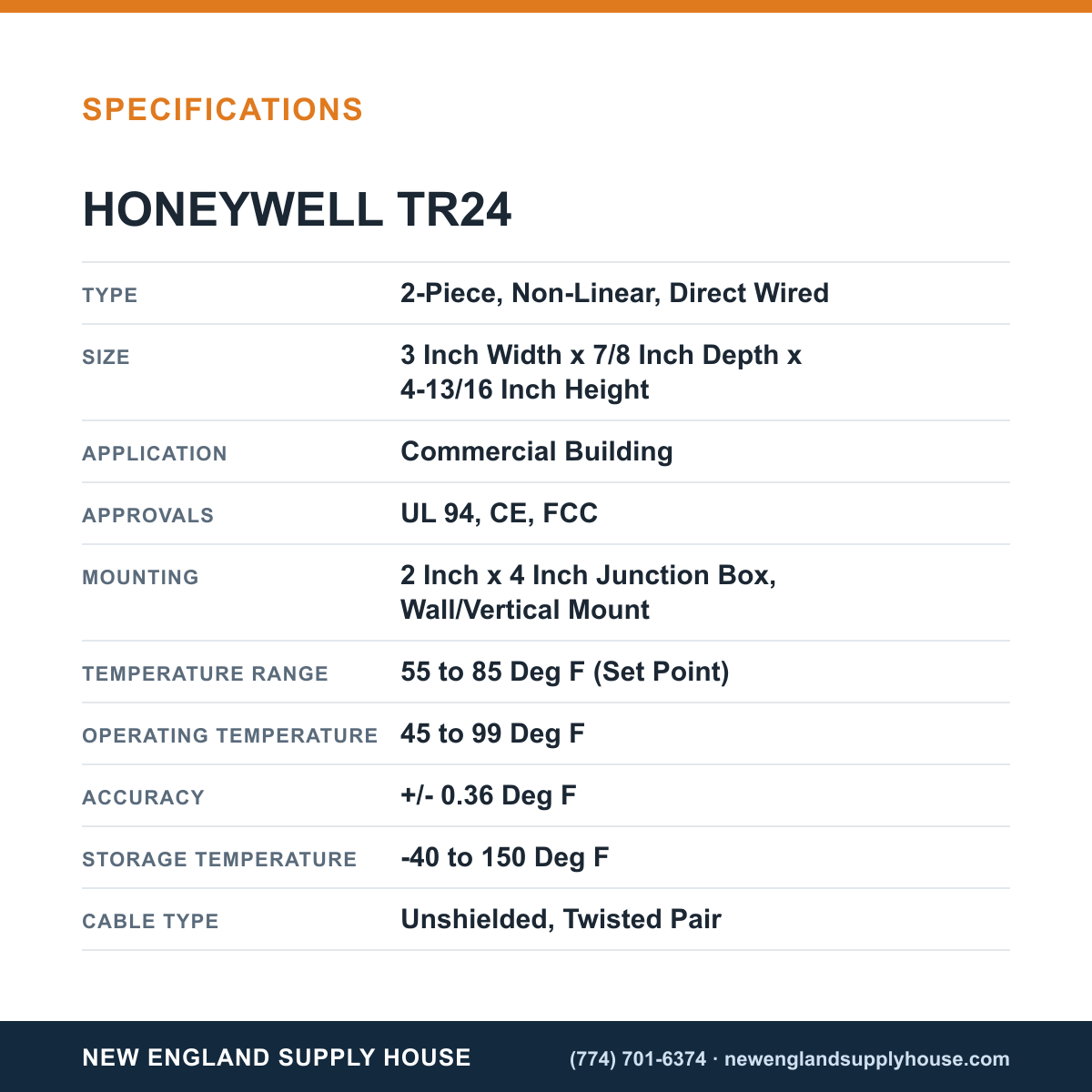 Honeywell Commercial TR24 Temperature Sensor specifications — New England Supply House [NESH-SPECTABLE-V1]