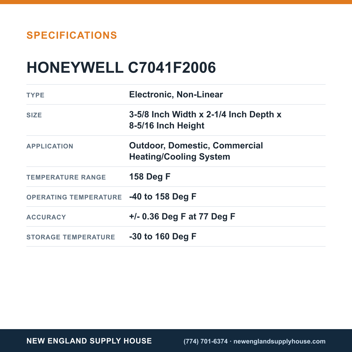 Honeywell Commercial C7041F2006 Temperature Sensor specifications — New England Supply House [NESH-SPECTABLE-V1]