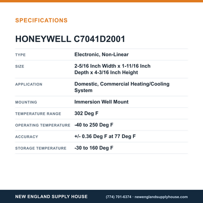 Honeywell Commercial C7041D2001 Temperature Sensor specifications — New England Supply House [NESH-SPECTABLE-V1]
