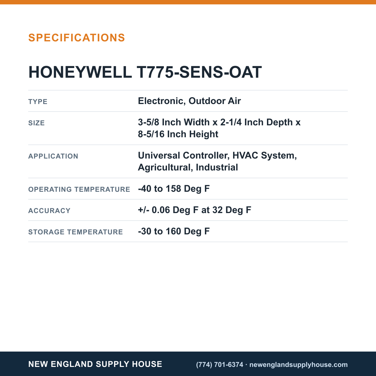 Honeywell Commercial T775-SENS-OAT Temperature Sensor specifications — New England Supply House [NESH-SPECTABLE-V1]