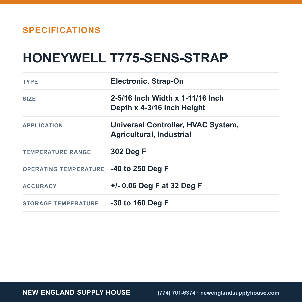 Honeywell Commercial T775-SENS-STRAP Temperature Sensor specifications — New England Supply House [NESH-SPECTABLE-V1]