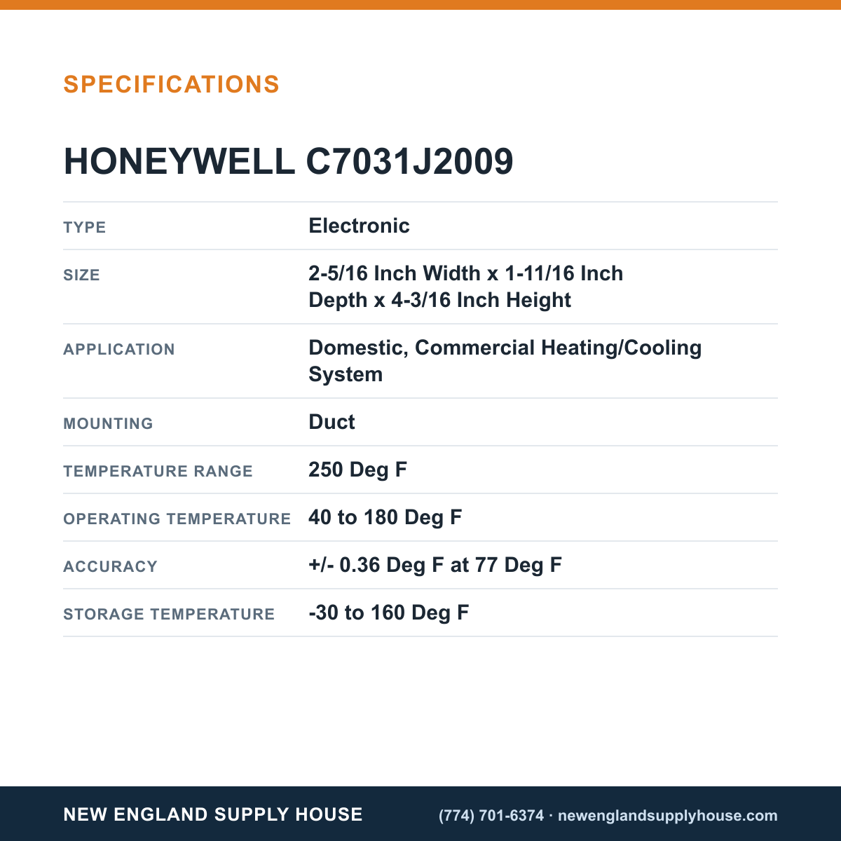 Honeywell Commercial C7031J2009 Temperature Sensor specifications — New England Supply House [NESH-SPECTABLE-V1]