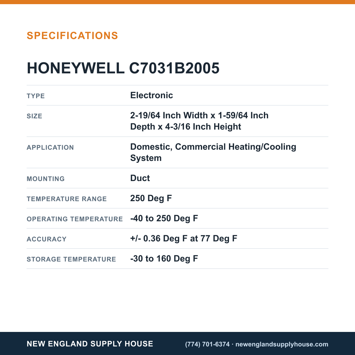 Honeywell Commercial C7031B2005 Temperature Sensor specifications — New England Supply House [NESH-SPECTABLE-V1]