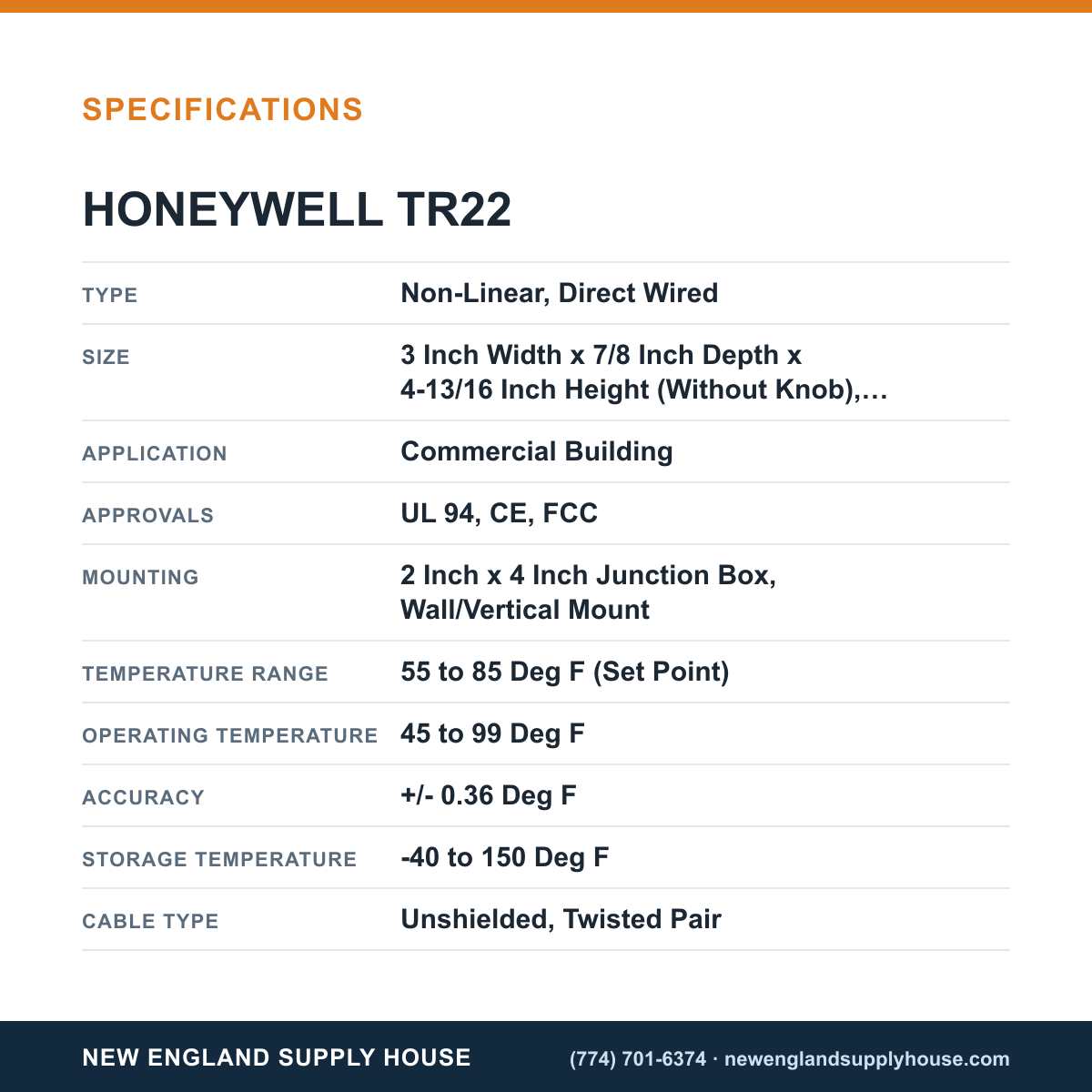 Honeywell Commercial TR22 Temperature Sensor specifications — New England Supply House [NESH-SPECTABLE-V1]