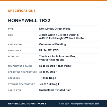 Honeywell Commercial TR22 Temperature Sensor specifications — New England Supply House [NESH-SPECTABLE-V1]
