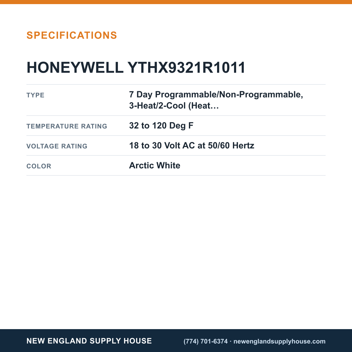 Honeywell Commercial YTHX9321R1011 Thermostat Kit specifications — New England Supply House [NESH-SPECTABLE-V1]
