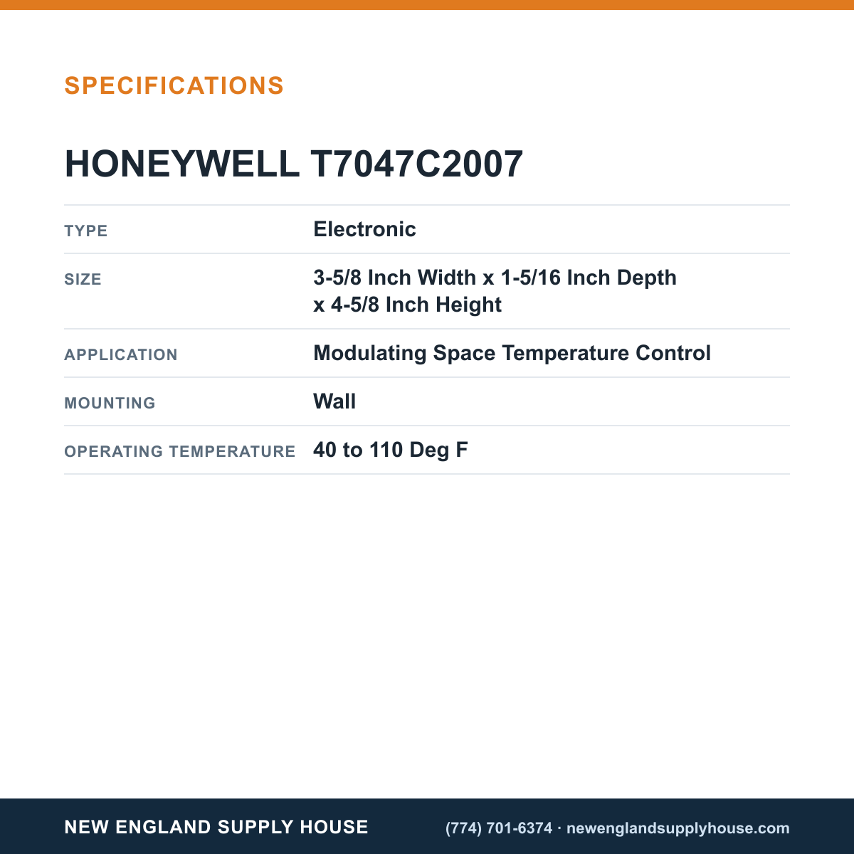 Honeywell Commercial T7047C2007 Thermostat Sensor specifications — New England Supply House [NESH-SPECTABLE-V1]