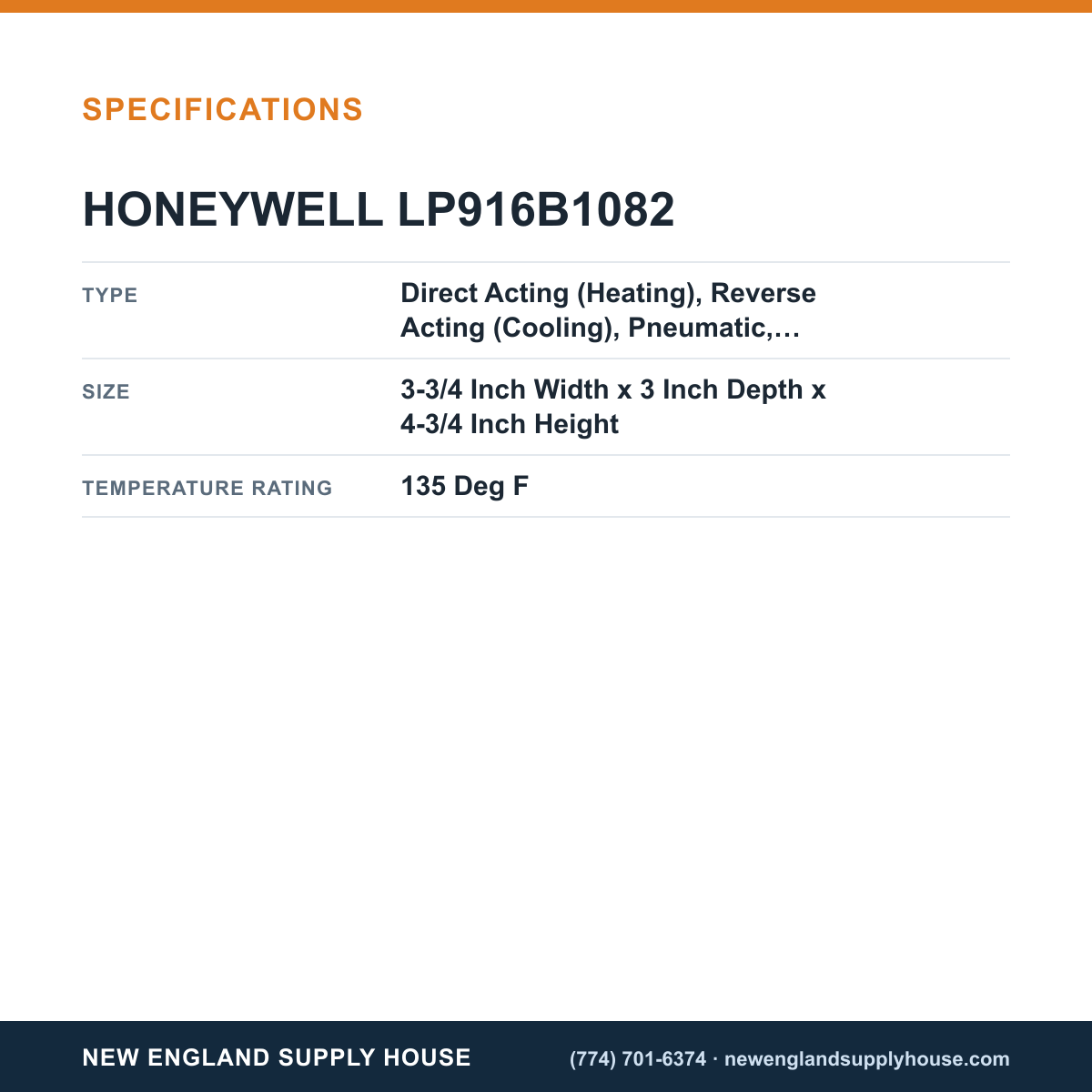 Honeywell Commercial LP916B1082 Thermostat specifications — New England Supply House [NESH-SPECTABLE-V1]
