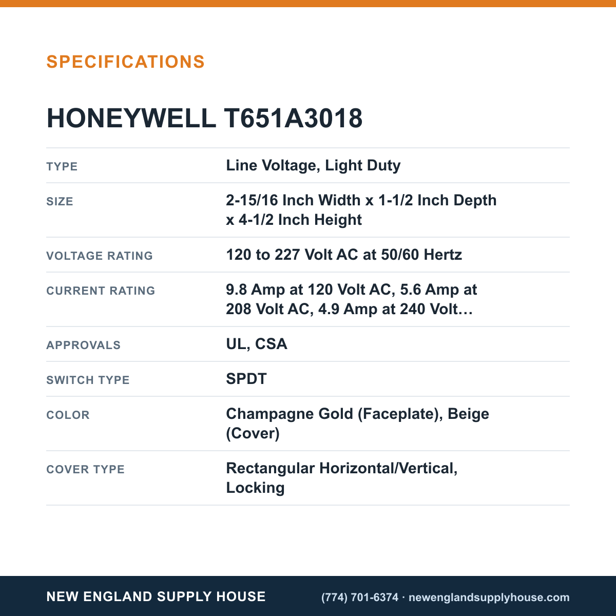 Honeywell Commercial T651A3018 Thermostat specifications — New England Supply House [NESH-SPECTABLE-V1]