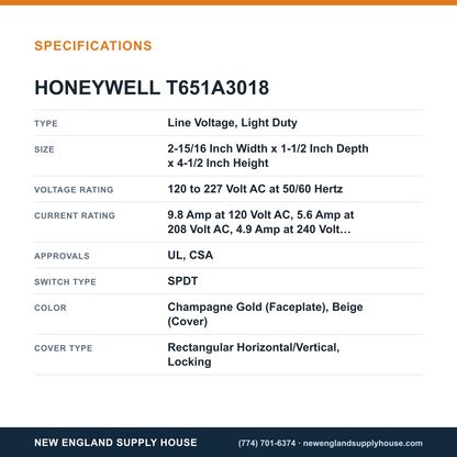 Honeywell Commercial T651A3018 Thermostat specifications — New England Supply House [NESH-SPECTABLE-V1]