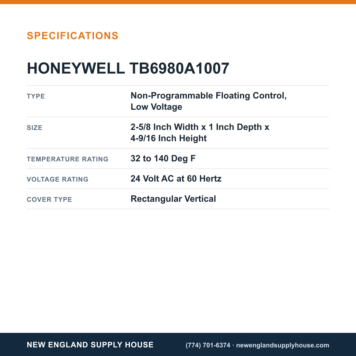 Honeywell Commercial TB6980A1007 Thermostat specifications — New England Supply House [NESH-SPECTABLE-V1]
