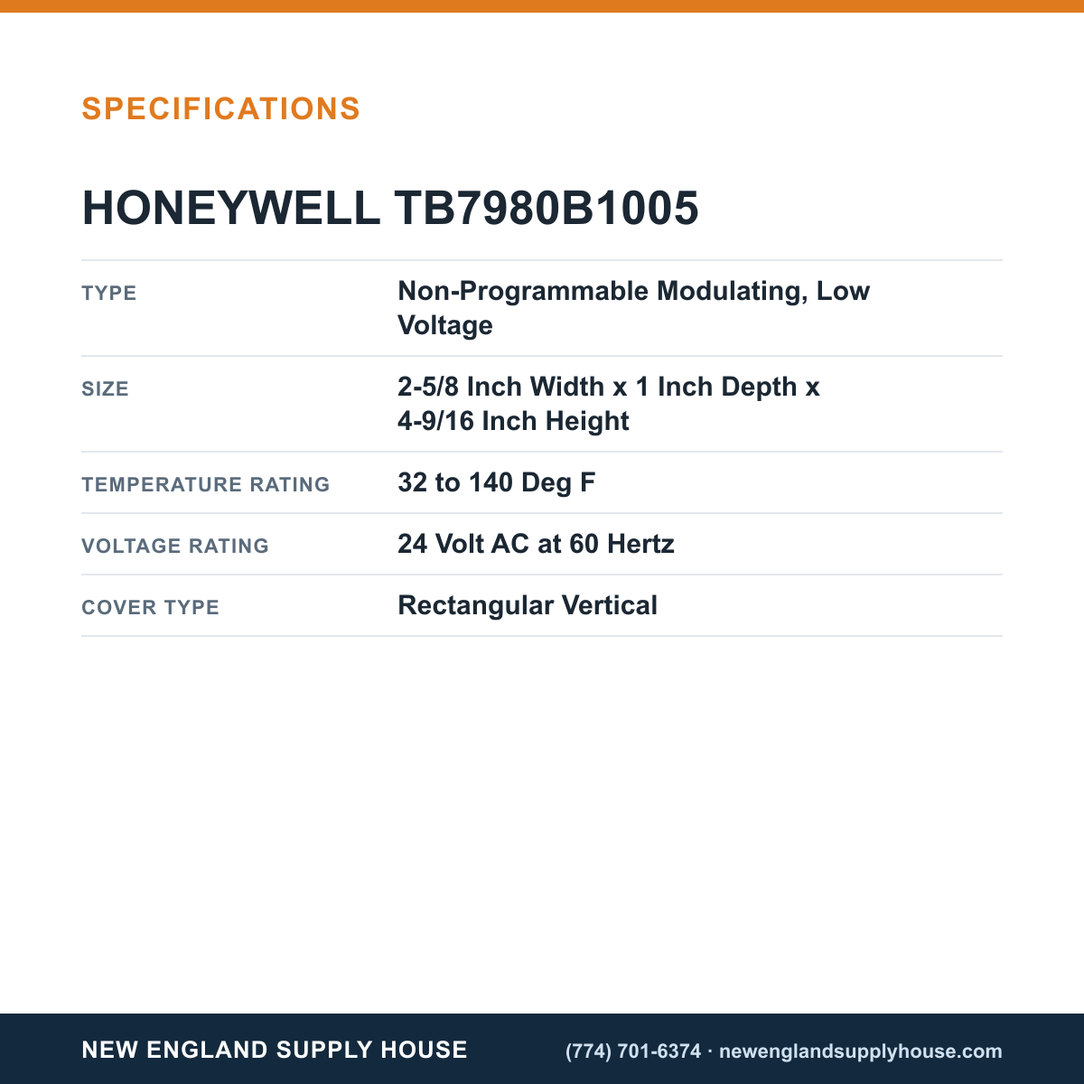 Honeywell Commercial TB7980B1005 Thermostat specifications — New England Supply House [NESH-SPECTABLE-V1]