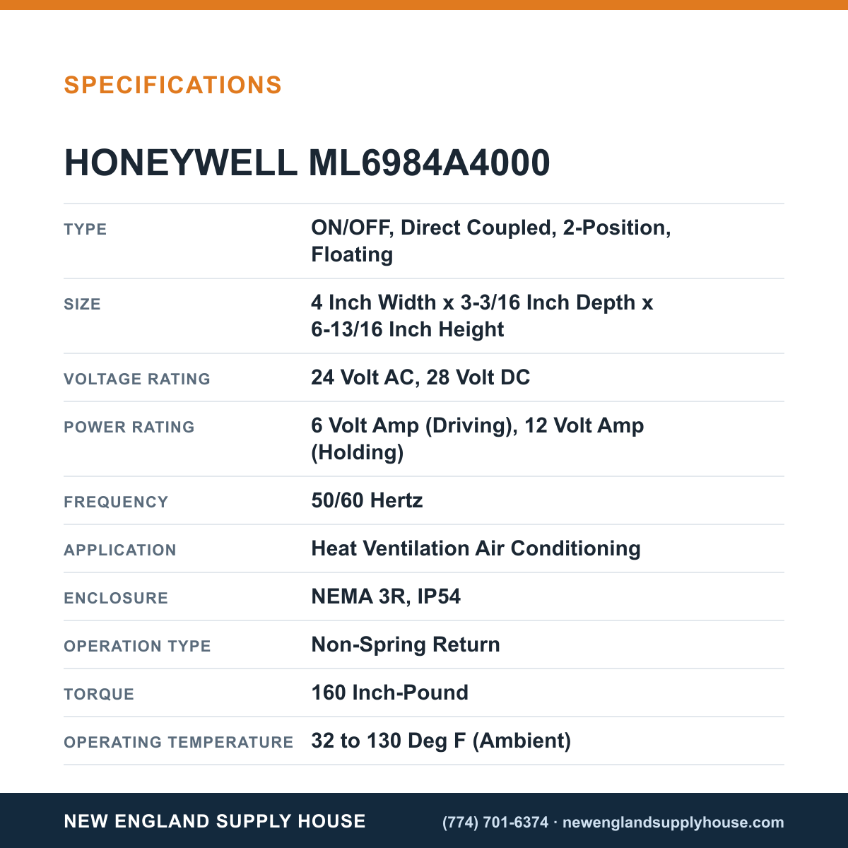 Honeywell Commercial ML6984A4000 Valve Actuator specifications — New England Supply House [NESH-SPECTABLE-V1]