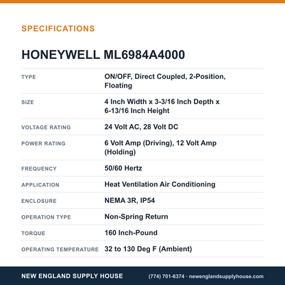Honeywell Commercial ML6984A4000 Valve Actuator specifications — New England Supply House [NESH-SPECTABLE-V1]