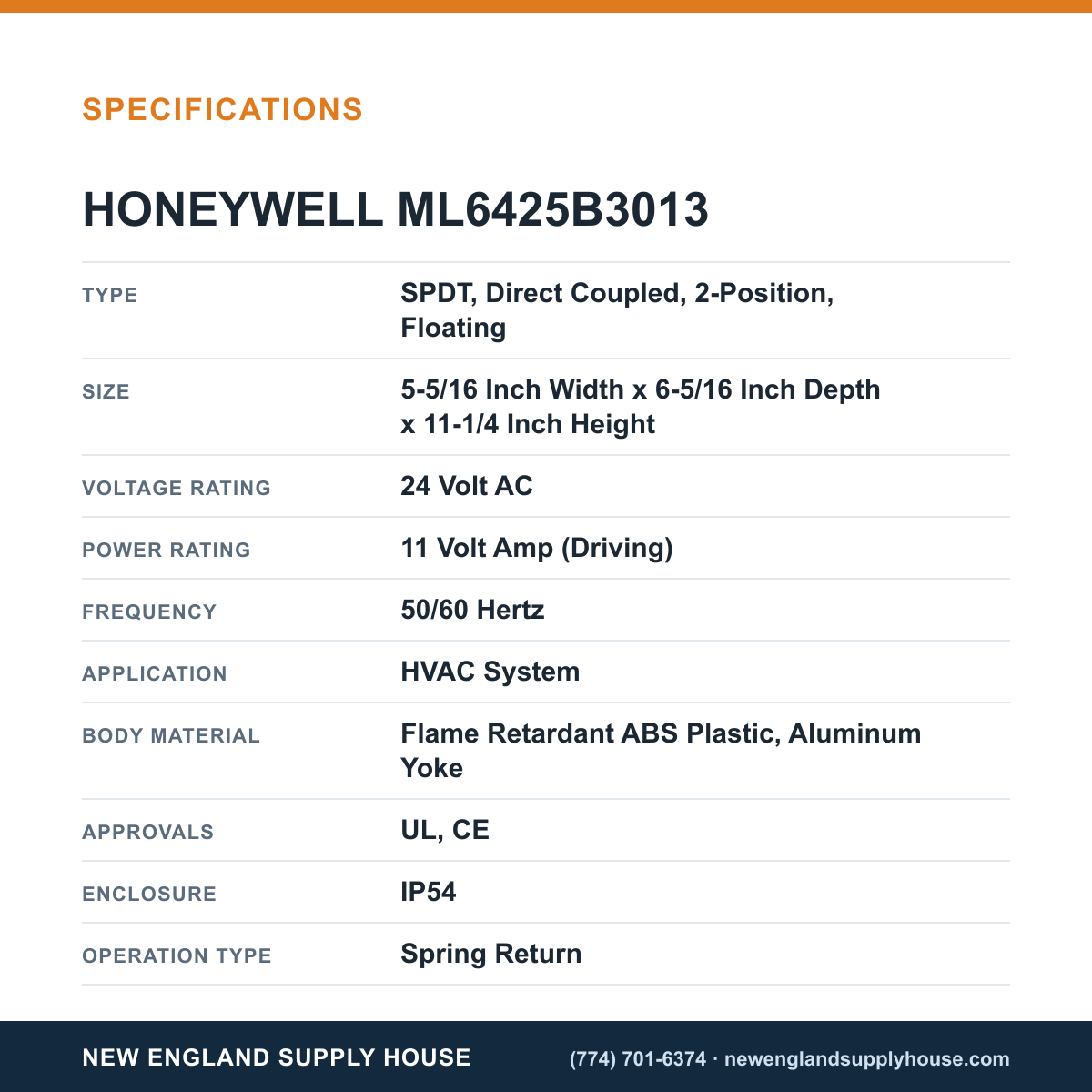 Honeywell Commercial ML6425B3013 Valve Actuator specifications — New England Supply House [NESH-SPECTABLE-V1]