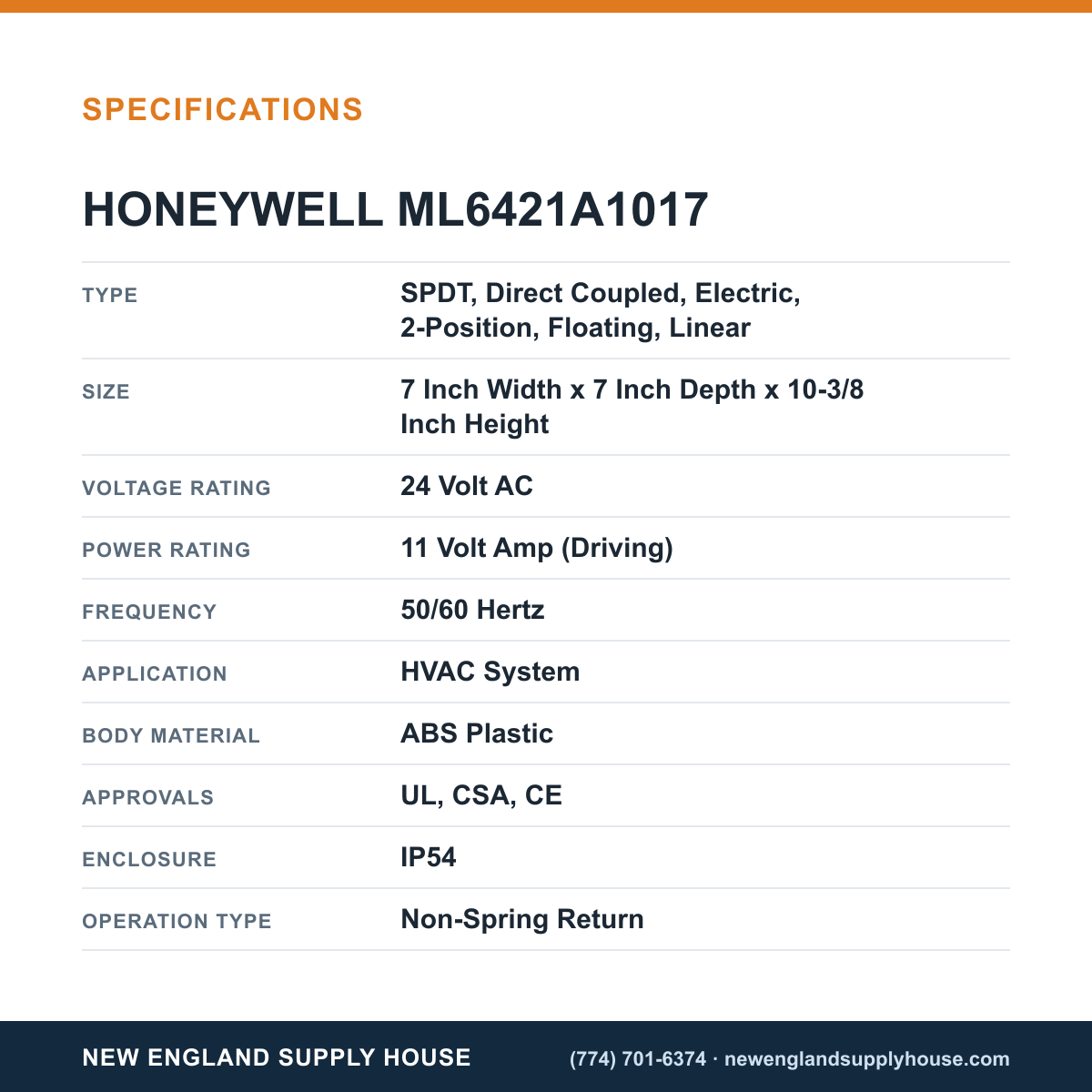 Honeywell Commercial ML6421A1017 Valve Actuator specifications — New England Supply House [NESH-SPECTABLE-V1]