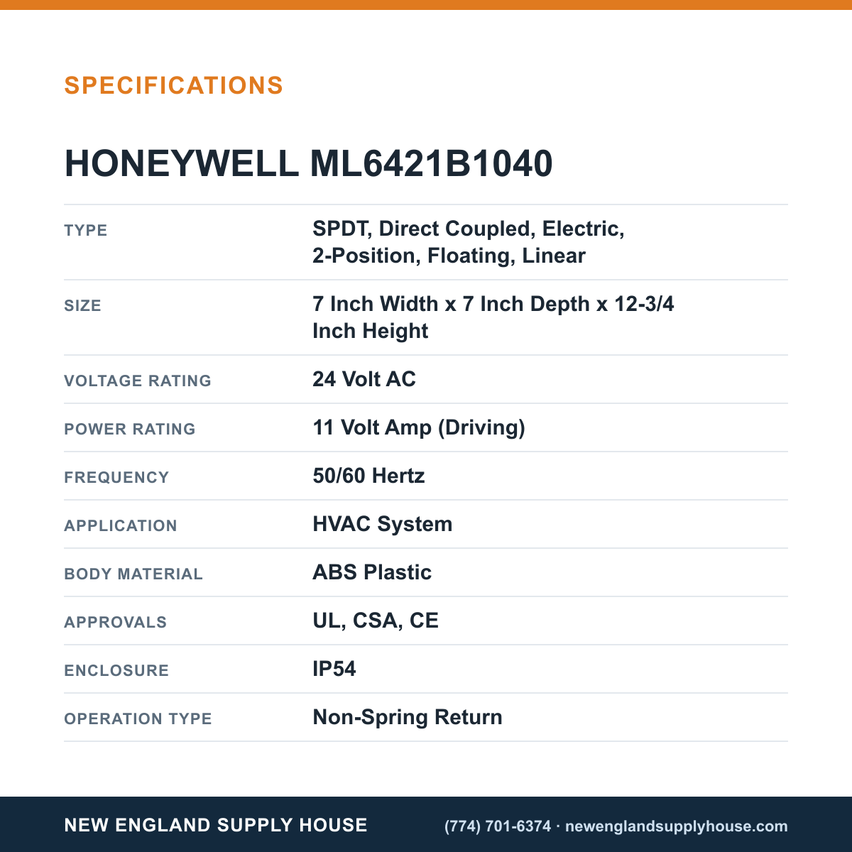 Honeywell Commercial ML6421B1040 Valve Actuator specifications — New England Supply House [NESH-SPECTABLE-V1]