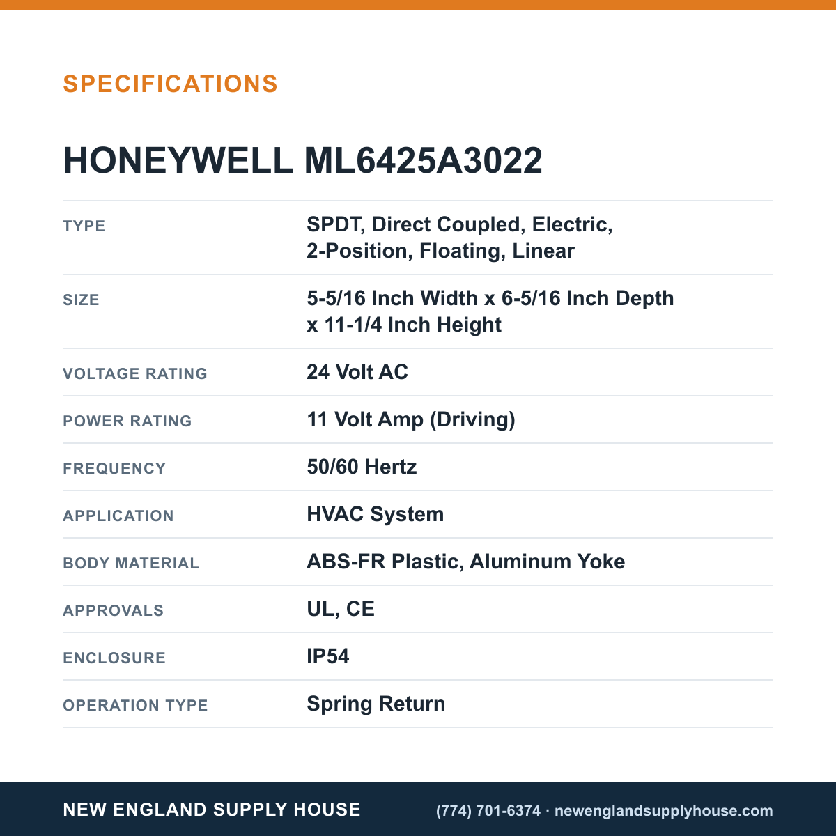 Honeywell Commercial ML6425A3022 Valve Actuator specifications — New England Supply House [NESH-SPECTABLE-V1]