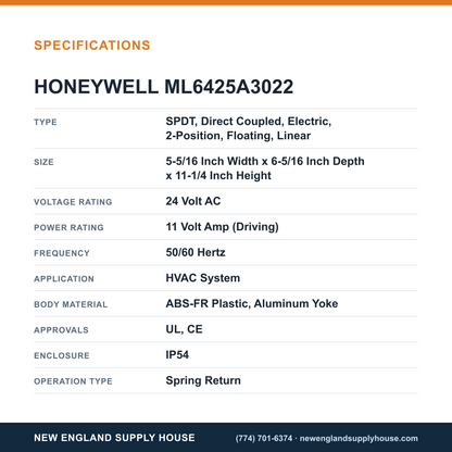 Honeywell Commercial ML6425A3022 Valve Actuator specifications — New England Supply House [NESH-SPECTABLE-V1]