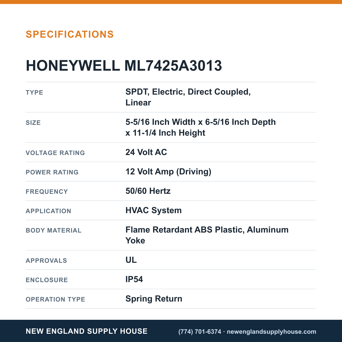 Honeywell Commercial ML7425A3013 Valve Actuator specifications — New England Supply House [NESH-SPECTABLE-V1]