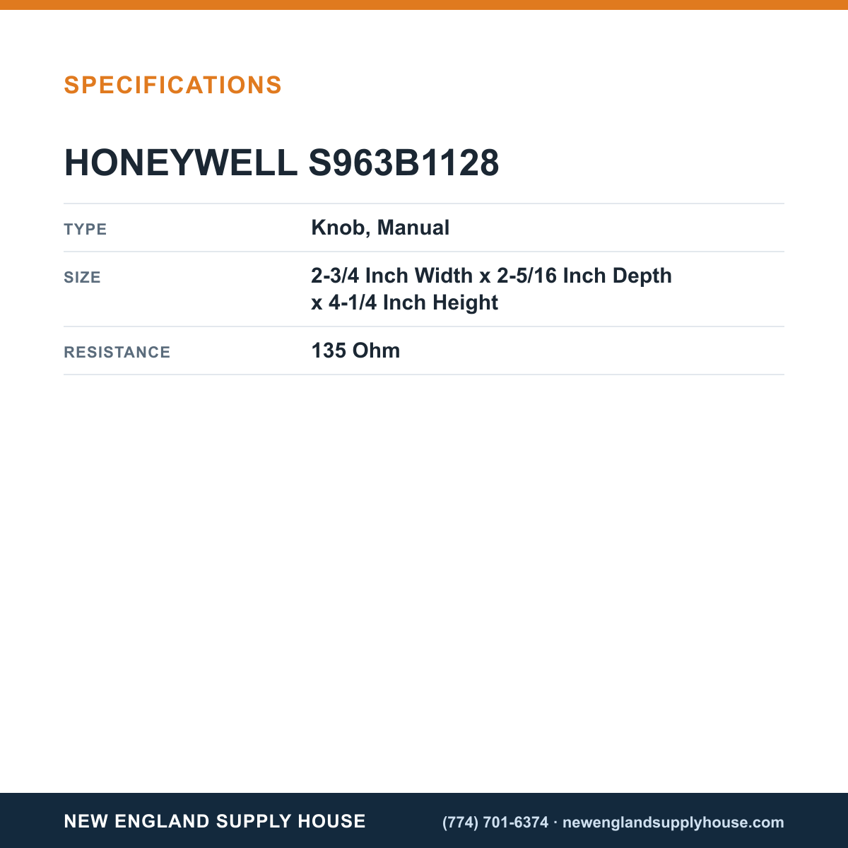 Honeywell Commercial S963B1128 Water Temperature Controller Potentiometer specifications — New England Supply House [NESH-SPECTABLE-V1]