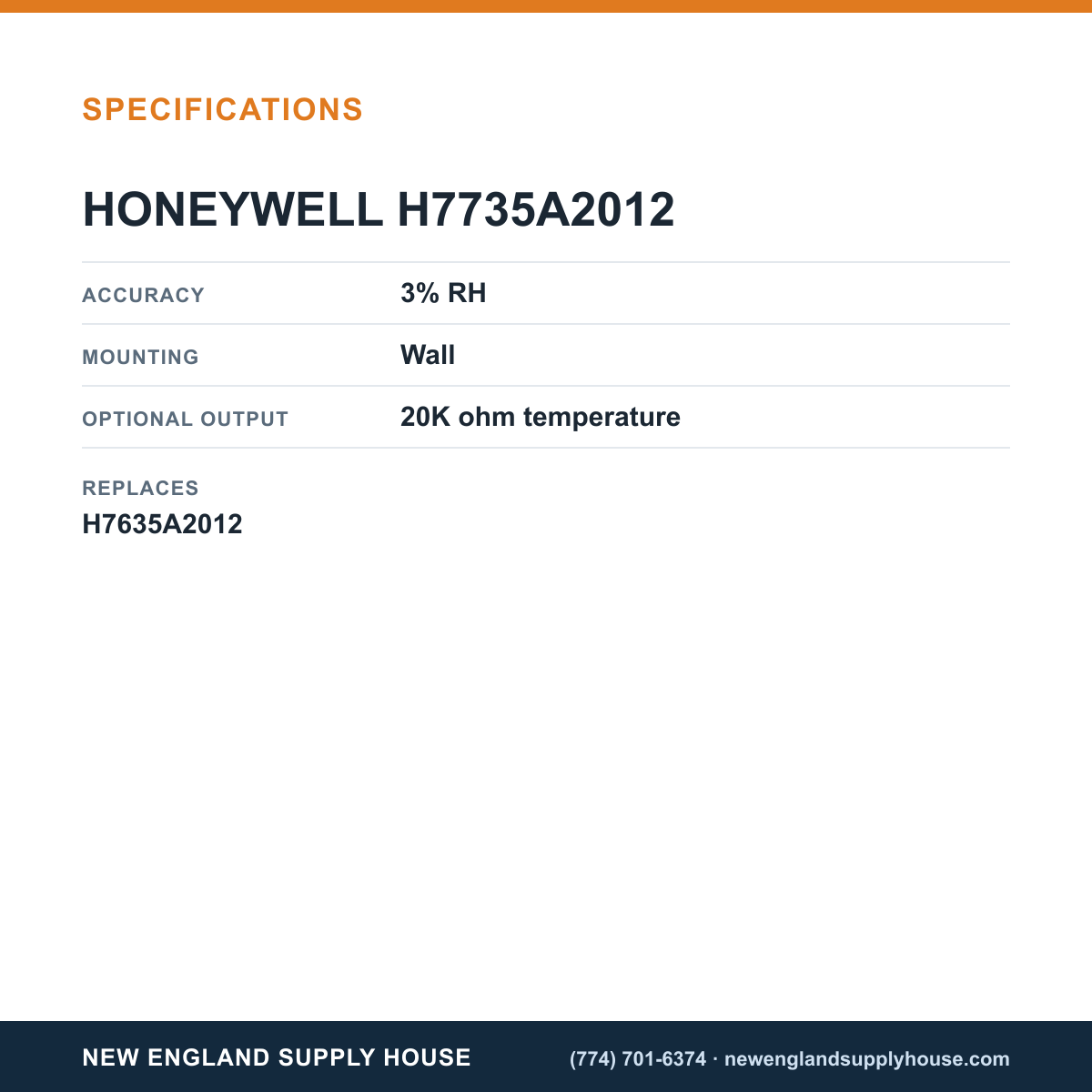 Honeywell Commercial H7735A2012 Humidity Transmitter specifications — New England Supply House [NESH-SPECTABLE-V1]