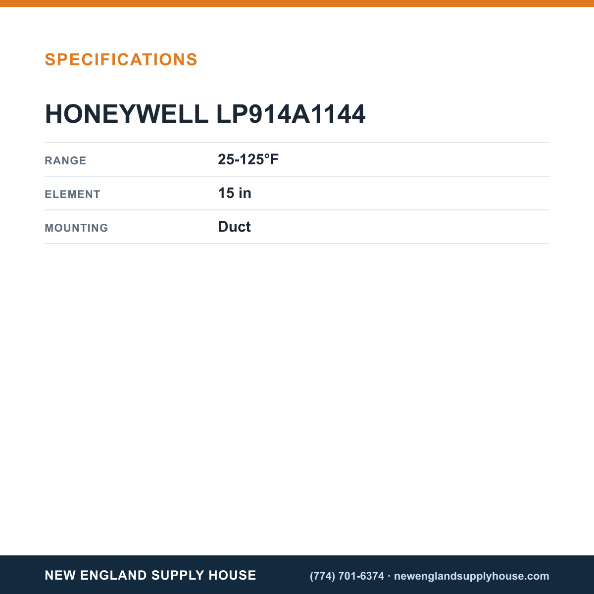 Honeywell Commercial LP914A1144 Duct Mount Pneumatic Temperature Sensor specifications — New England Supply House [NESH-SPECTABLE-V1]