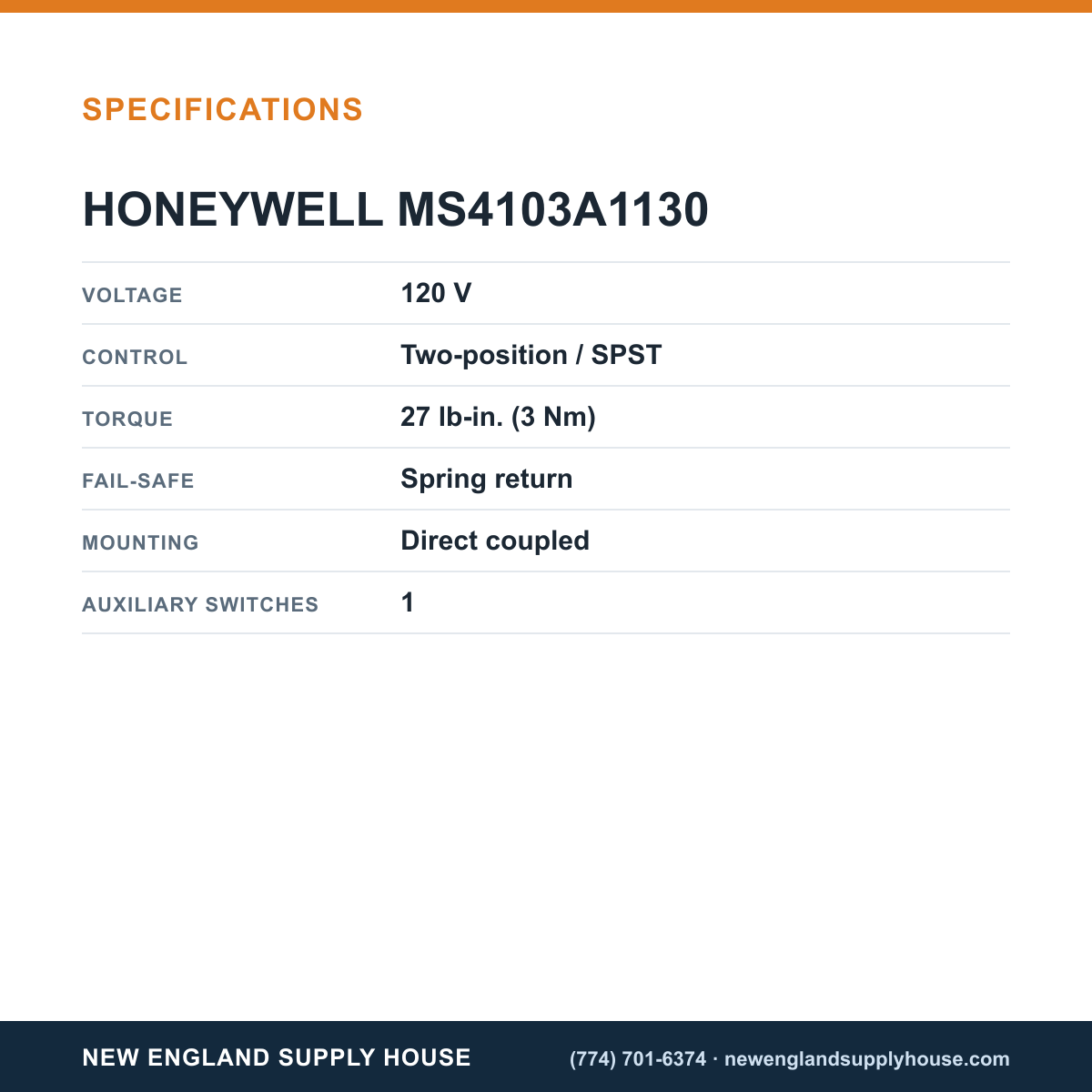 Honeywell Commercial MS4103A1130 Actuator specifications — New England Supply House [NESH-SPECTABLE-V1]
