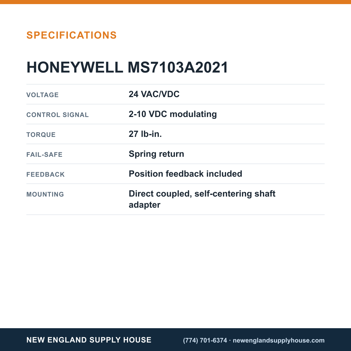 Honeywell Commercial MS7103A2021 Damper Actuator specifications — New England Supply House [NESH-SPECTABLE-V1]