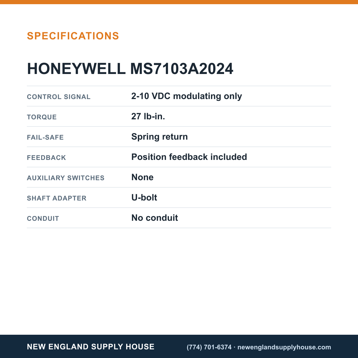Honeywell Commercial MS7103A2024 Spring Return Actuator specifications — New England Supply House [NESH-SPECTABLE-V1]
