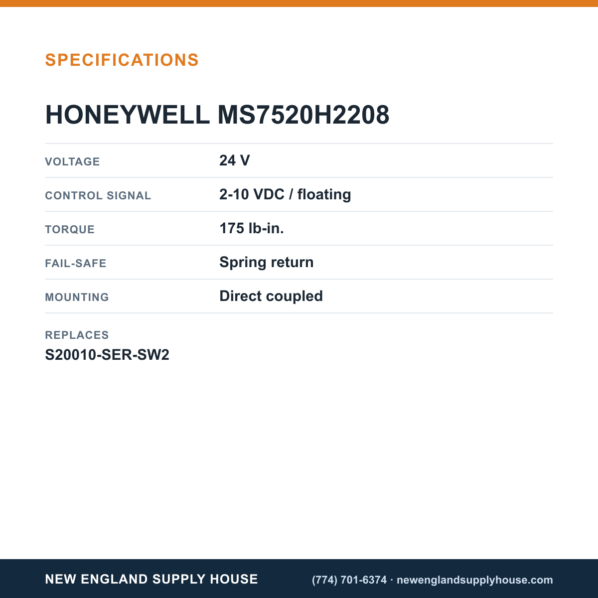 Honeywell Commercial MS7520H2208 Damper Actuator specifications — New England Supply House [NESH-SPECTABLE-V1]