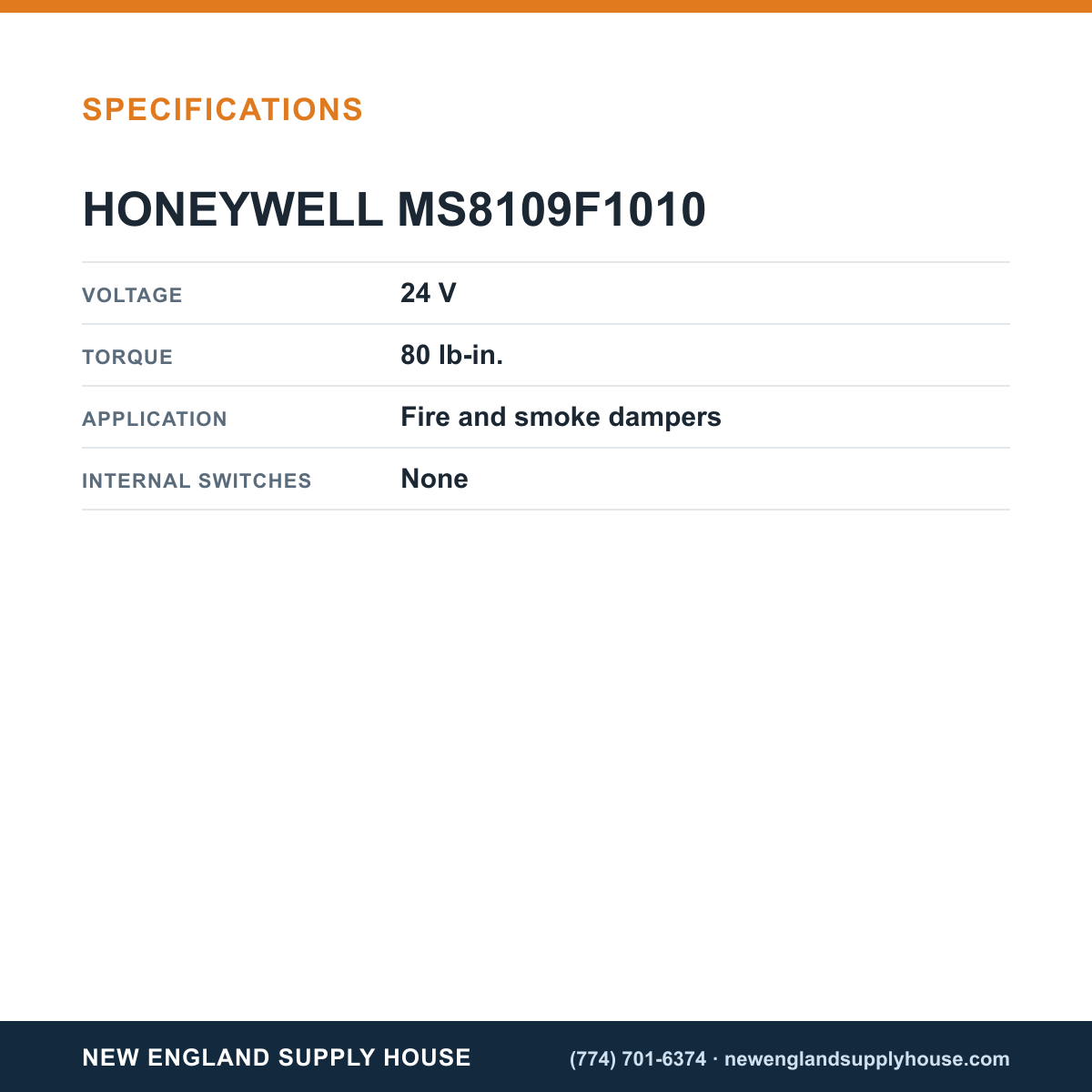 Honeywell Commercial MS8109F1010 Fire Smoke Actuator specifications — New England Supply House [NESH-SPECTABLE-V1]