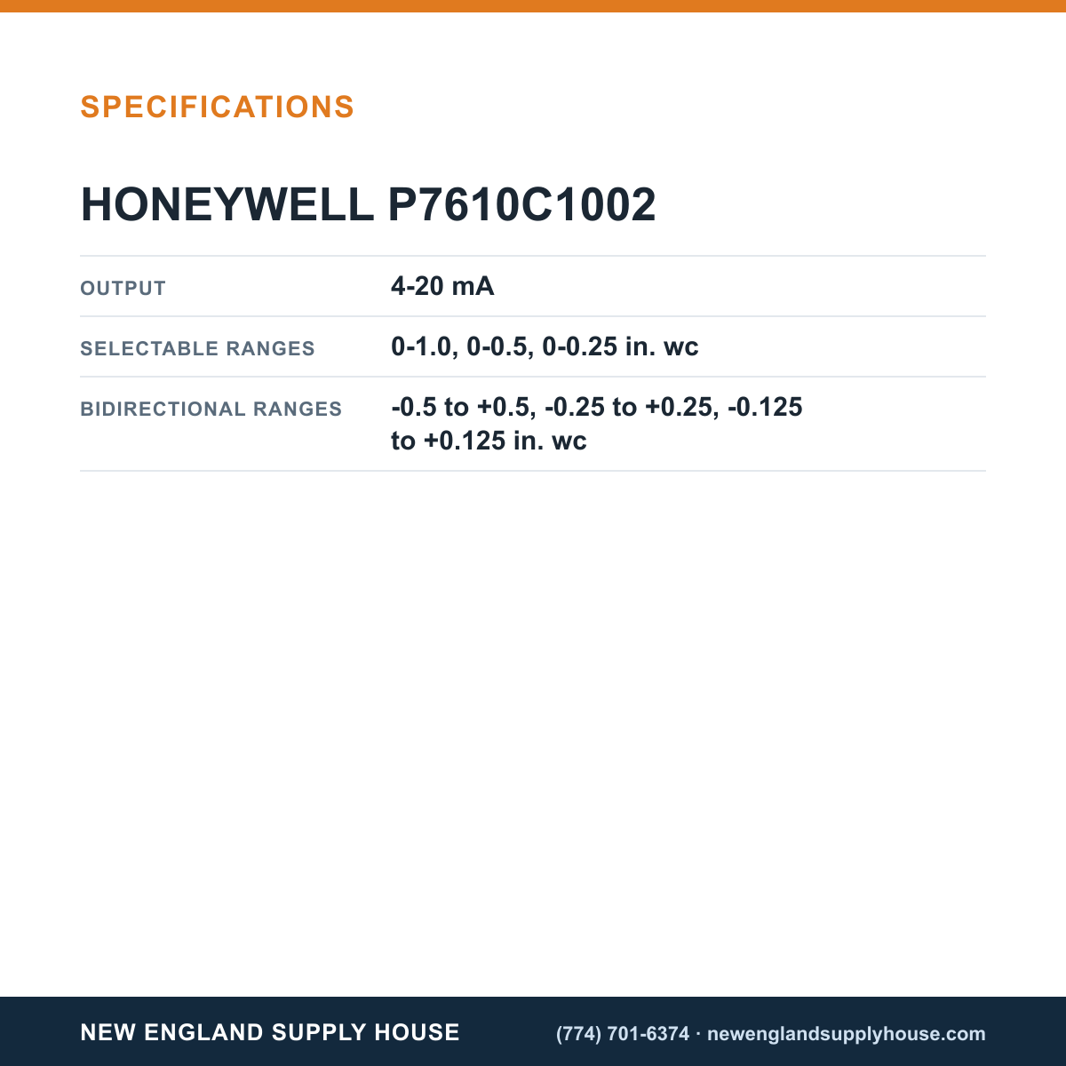 Honeywell Commercial P7610C1002 Pressure Transmitter specifications — New England Supply House [NESH-SPECTABLE-V1]