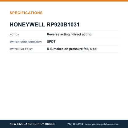 Honeywell Commercial RP920B1031 Pneumatic Electric Switch specifications — New England Supply House [NESH-SPECTABLE-V1]