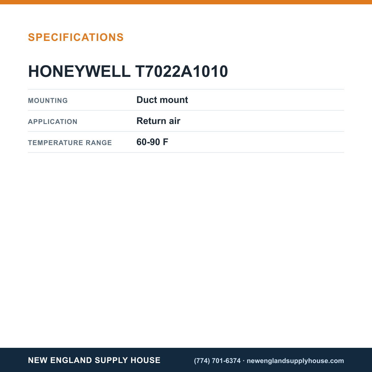 Honeywell Commercial T7022A1010 Temperature Sensor specifications — New England Supply House [NESH-SPECTABLE-V1]