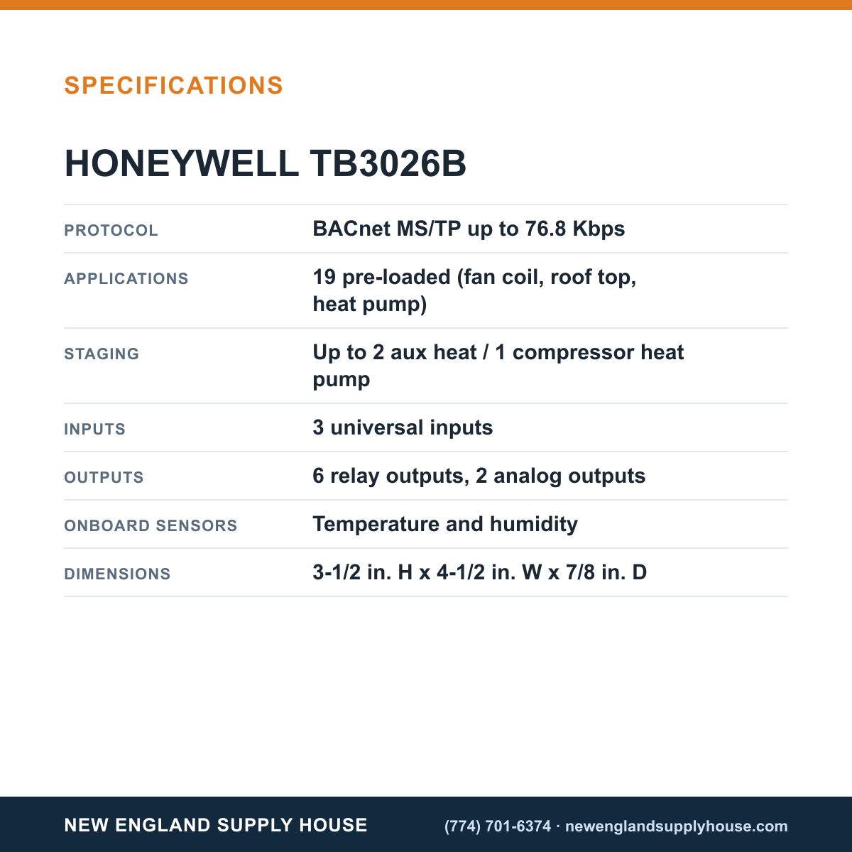 Honeywell Commercial TB3026B Thermostat specifications — New England Supply House [NESH-SPECTABLE-V1]