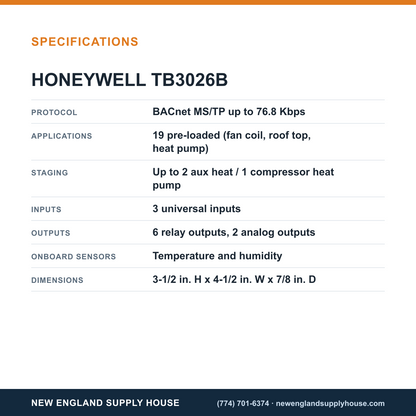 Honeywell Commercial TB3026B Thermostat specifications — New England Supply House [NESH-SPECTABLE-V1]