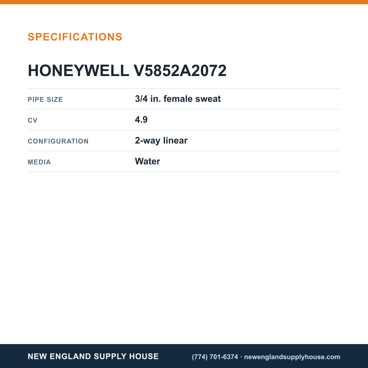 Honeywell Commercial V5852A2072 Linear Water Valve specifications — New England Supply House [NESH-SPECTABLE-V1]