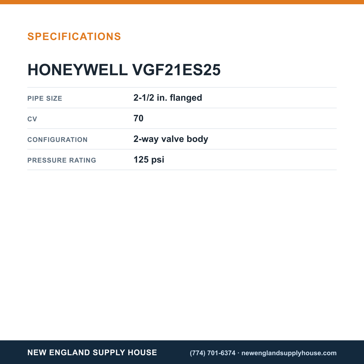 Honeywell Commercial VGF21ES25 2-Way Valve specifications — New England Supply House [NESH-SPECTABLE-V1]