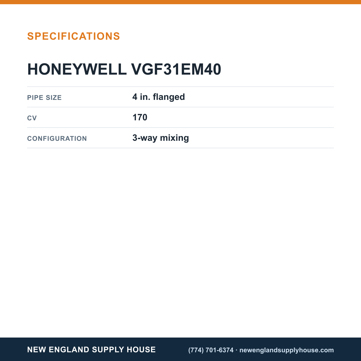 Honeywell Commercial VGF31EM40 3-Way Mixing Valve specifications — New England Supply House [NESH-SPECTABLE-V1]