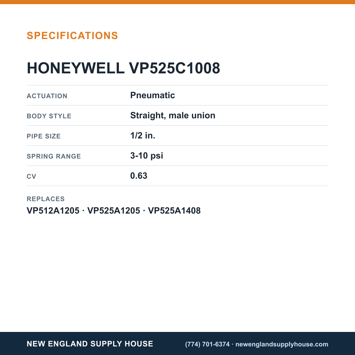 Honeywell Commercial VP525C1008 Pneumatic Valve specifications — New England Supply House [NESH-SPECTABLE-V1]