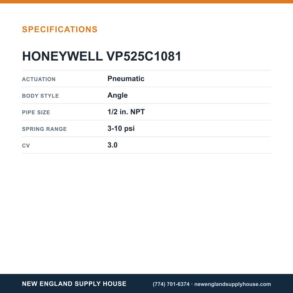 Honeywell Commercial VP525C1081 Pneumatic Valve specifications — New England Supply House [NESH-SPECTABLE-V1]