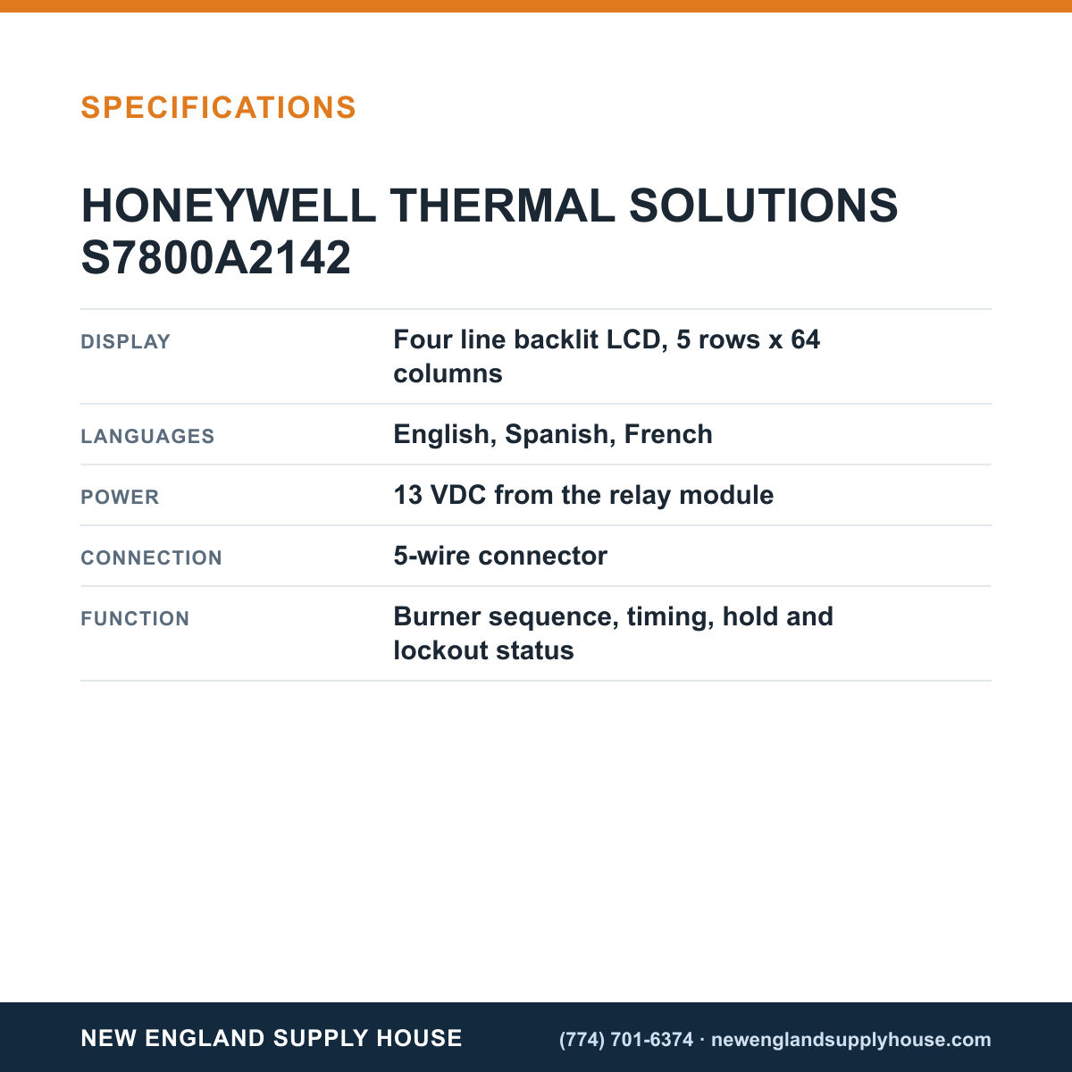 Honeywell S7800A2142 Keyboard Display Module specifications — New England Supply House [NESH-SPECTABLE-V1]