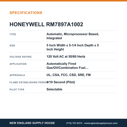 Honeywell Thermal Solutions FSG RM7897A1002 Burner Control specifications — New England Supply House [NESH-SPECTABLE-V1]