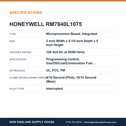 Honeywell Thermal Solutions FSG RM7840L1075 Burner Control specifications — New England Supply House [NESH-SPECTABLE-V1]