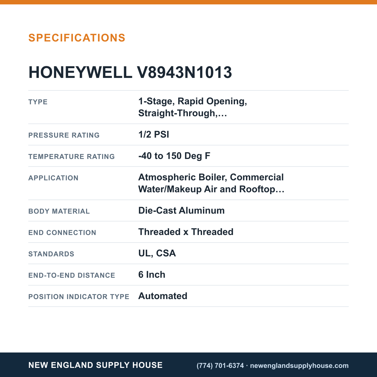 Honeywell Thermal Solutions FSG V8943N1013 Diaphragm Gas Valve specifications — New England Supply House [NESH-SPECTABLE-V1]